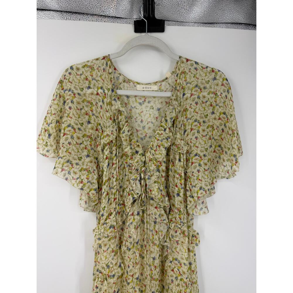 Doen Antoinette Maxi Dress Yellow Victoria Floral Printed Silk Ruffle Sheer M - Picture 5 of 13